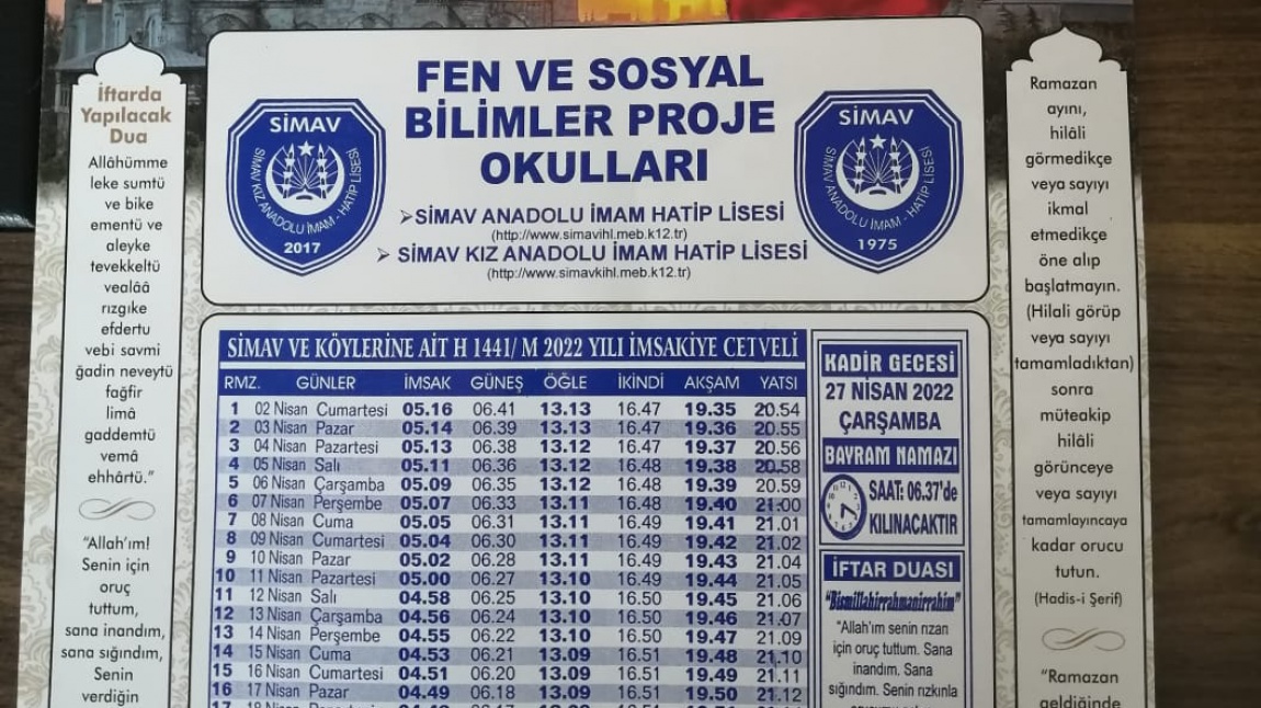 OKULUMUZUN RAMAZAN İMSAKİYESİ